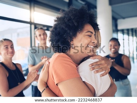 Women, hug and support of friends with group applause for counseling, therapy and trust for psychology and stress management. Group of people together for mental health, healing and help at workshop Royalty-Free Stock Photo #2232468837