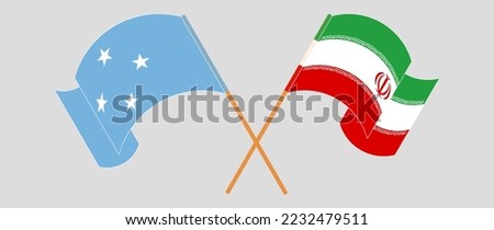 Crossed and waving flags of Micronesia and Iran. Vector illustration