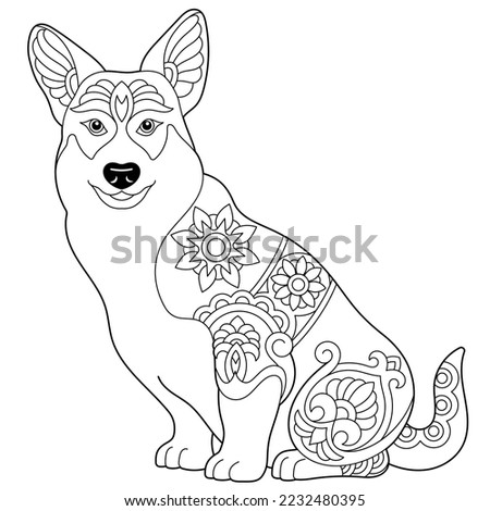 Cute Pembroke Welsh corgi dog. Adult coloring book page in mandala style