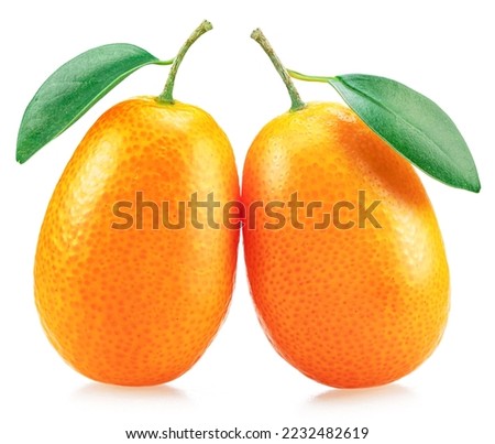 Kumquat fruit and cross cut of kumquat with leaves isolated on white background. Royalty-Free Stock Photo #2232482619