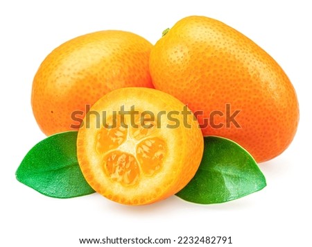 Kumquat fruit and cross cut of kumquat with leaves isolated on white background. Royalty-Free Stock Photo #2232482791