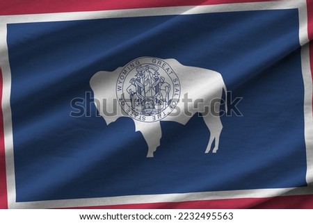 Wyoming US state flag with big folds waving close up under the studio light indoors. The official symbols and colors in fabric banner