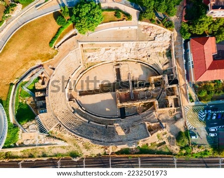 Tarragona Amphitheatre aerial panoramic view. Tarragona Amphitheatre is a Roman amphitheatre in the city of Tarragona in the Catalonia region of Spain. Royalty-Free Stock Photo #2232501973