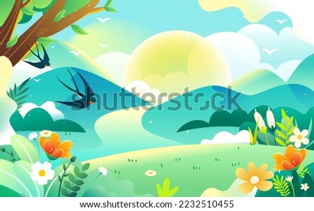 Spring characters are traveling outside, the background is various forest trees and mountains in the distance, vector illustration Royalty-Free Stock Photo #2232510455