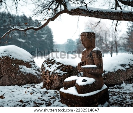 A stone statue of Buddha under snowfall in the winter season in the forest 