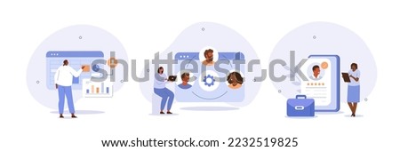 
Business illustration set. Characters hiring new employees, planning human resources and schedule to increase productivity and quality of work. Workforce management concept. Vector illustration.