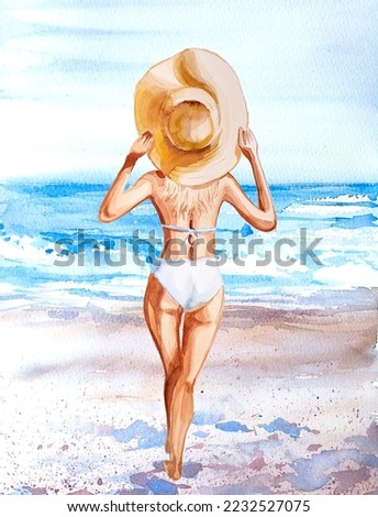 Watercolor beautiful young girl on the beach. Ocean themed banner. Vacation themed background. Woman standing on the sea shore. 