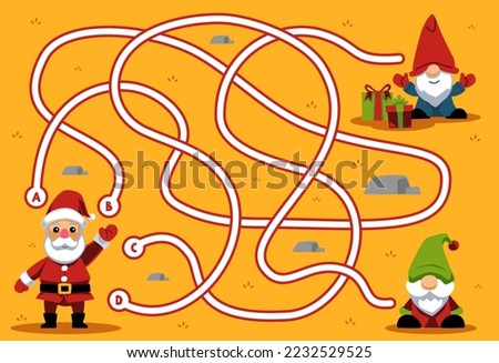 Maze puzzle game for children with cute cartoon santa and gnome printable winter worksheet