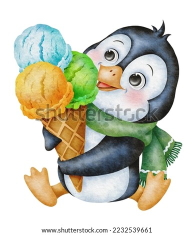 A cute baby penguin in a green scarf is holding a big waffle cone with ice cream. Perfect for poster design, baby textiles, invitations, greeting cards, stickers, postcards.