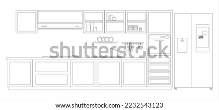 Kitchen set with refrigerator, oven, cabinet, vector illustration Royalty-Free Stock Photo #2232543123