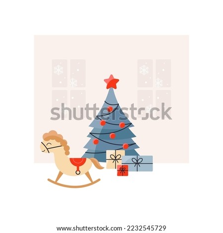 vector Christmas tree illustration with gifts and a horse

