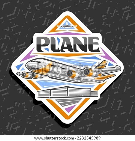 Vector logo for Plane in motion, white decorative rhombus label with illustration of high speed orange plane with 4 turbines, flying on day sky background, unique brush lettering for black word plane