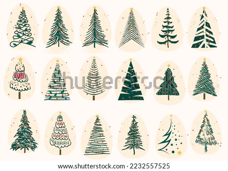 Decorated Christmas tree set with Christmas balls and stars hand drawn flat illustration on white background