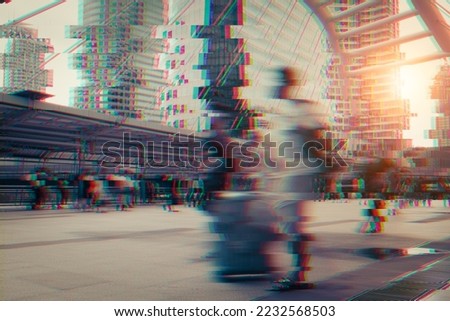 Glitch effect filter photo with people on street with city