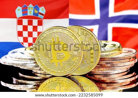 Bitcoins on flag of Croatia and Norway background. Concept for investors in cryptocurrency and Blockchain technology in Croatia and Norway