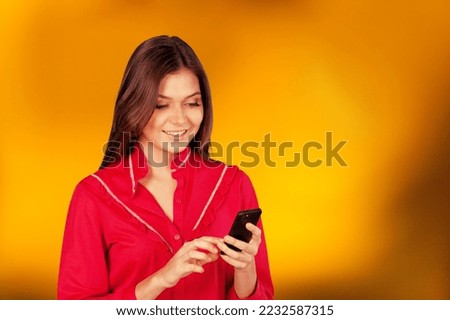 Beautiful happy woman hold phone
