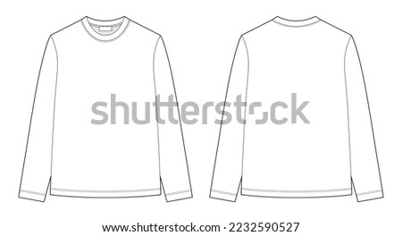 Technical sketch long sleeve t-shirt. Kids wear jumper design template. Front and back views. Vector CAD technical fashion illustration.