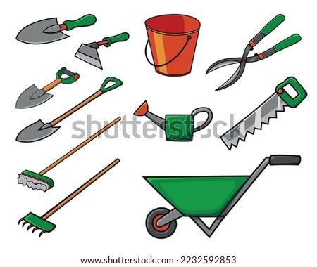 Gardening supplies element set of colored doodle vector illustrations. Isolated on white background