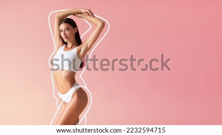 Wellness Concept. Attractive Young Woman With Perfect Body Posing In Underwear Over Pink Gradient Background, Beautiful Millennial Female Demonstrating Her Slim Figure After Weightloss, Collage