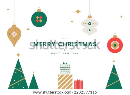 Simple christmas and happy new year background. Elegant geometric minimalist style. Decoration and Xmas tree element. Winter cover, invitation card, poster design. Modern flat vector illustration.