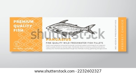 Premium Quality Pangasius Vector Packaging Label Design. Modern Typography and Hand Drawn Freshwater Fish Silhouette Seafood Product Background Layout