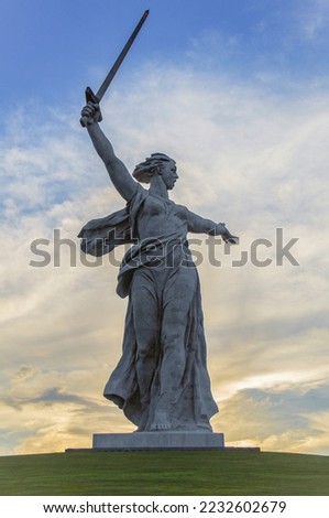 Statue "Motherland Calls". Compositional centre of the monument-ensemble "Heroes of the Battle of Stalingrad" on Mamayev Kurgan in Volgograd, Russia. At 85 m (279 ft). It tallest statue in Europe. Royalty-Free Stock Photo #2232602679