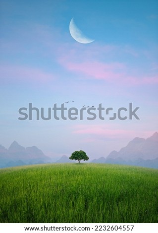 surrealistic minimal landscape with tree and moon. Surreal painting artwork.collection for decoration and interior, canvas art, single tree. nature