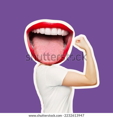 Strong woman headed by wide open mouth raises arm and shows bicep isolated on purple color background. Support women rights, feminism. Trendy collage in magazine style. Contemporary art. Modern design Royalty-Free Stock Photo #2232613947