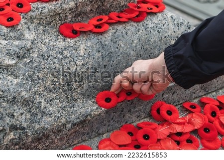 People put poppy flowers on Tomb of the Unknown Soldier in Ottawa, Canada on Remembrance Day Royalty-Free Stock Photo #2232615853