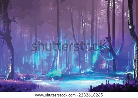 Mystical fantasy scene in forest with glowing blue, purple and violet neon lights and mist scene illustration