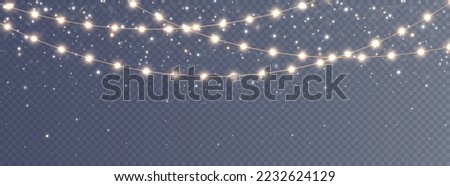  Festive Christmas light gold garlands PNG. Decor element for postcards, invitations, backgrounds, business cards. Winter new collection 2023. Christmas background. Powder dust light PNG.