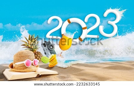 Happy new year 2023. welcome to Happiness beach party and travel summer destination concept.Fun with outdoor activities, splashing wave water and tropical fruit. Royalty-Free Stock Photo #2232633145