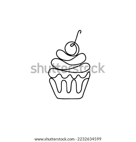 Single continuous line drawing of cupcake with cherry fruit topping art. Sweet pastry concept. Modern one line draw design vector graphic illustration for cake shop logo

