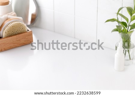 Background for product presentation for cosmetic, mock up. Tile, white cosmetic table with mirror and accessories. Bathroom view. 