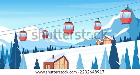 Winter mountain landscape. Vector illustration of ski resort with snowy hill, slope, hotels, ski lift. Outdoor holiday activity in Alps. Winter sport. Skiing and snowboarding. Active vacation weekend Royalty-Free Stock Photo #2232648917