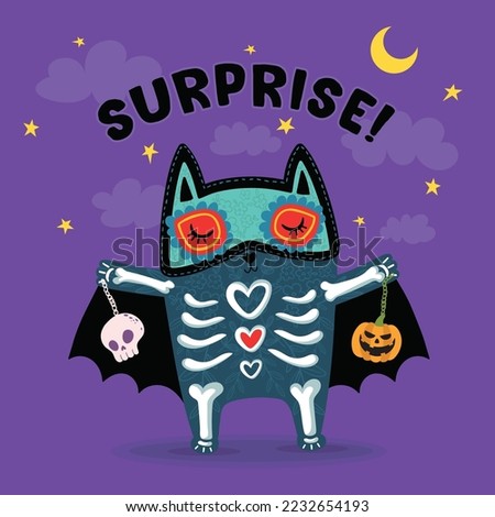 Happy Halloween Cat Costume Party.Greeting card, poster, print, t-shirt design for kids,party concept, children books, prints,wallpapers.Animal pattern.Cartoon cute black cat drawing with skeleton.