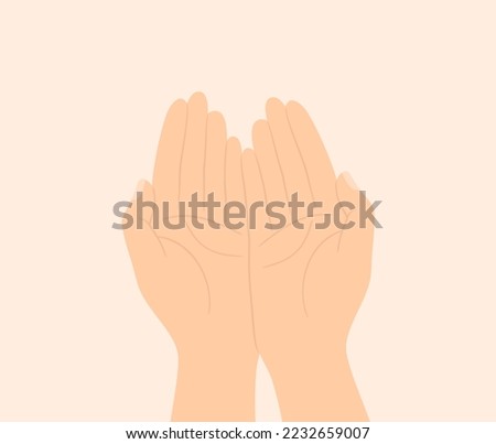 Two hands together with palms up, top view. Flat vector illustration