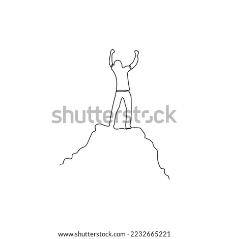 Winner man on mountain peak. One line art. Man stands with arms outstretched on top of the mountain. Success, power, motivation concept. Hand drawn vector illustration.