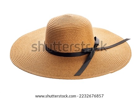 Womens summer yellow straw hat with black ribbon on white background Royalty-Free Stock Photo #2232676857