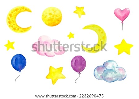 Painted watercolor set for sleeping. Moon. Cloud. Stars. Dream. Sky. Clip art. Balloon. Heart. Watercolor. Texture. Elements for decor.