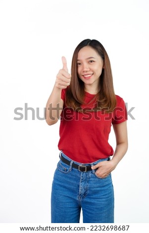 Thumb up, Pretty Asian people wearing red t-shirt for a woman isolated on white background.