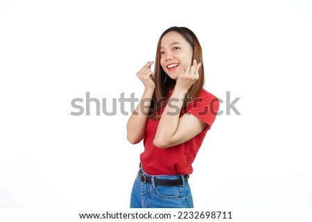 mini heart, Pretty Asian people wearing red t-shirt for a woman isolated on white background.