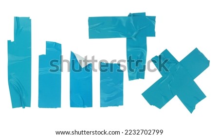 Many strips of blue adhesive tapes isolated on white background