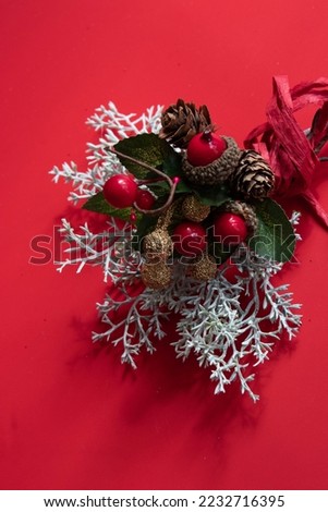 A Bouquet of Red Berries , silver fir, red ribbon , red background