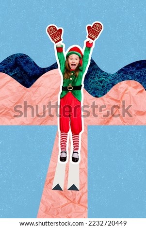 Creative photo 3d collage artwork poster postcard of positive cheerful personage character skiing have fun isolated on painting background