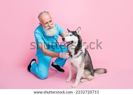 Full length photo of optimistic good specialist dressed blue uniform listen examine husky stethoscope isolated on pink color background