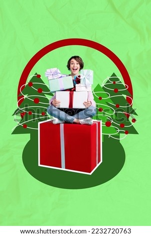 Vertical creative collage photo of positive impressed excited happy girl sit on gift hold presents isolated on green color background
