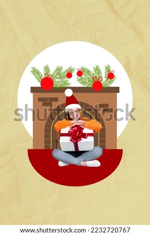 Creative abstract template graphics image of smiling dreamy lady packing x-mas gifts isolated drawing background