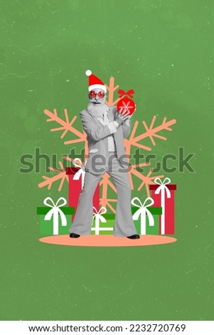 Creative retro 3d magazine image of funny funky grandfather preparing xmas presents isolated painting background