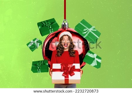 3d retro abstract creative artwork template collage of funny funky lady elf rising xmas present isolated painting background